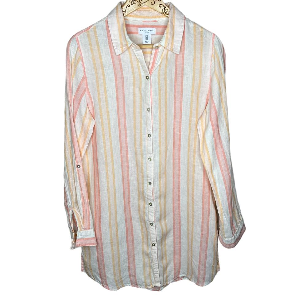 Antibes Blanc Striped Button Down Tunic Dress Cover Up Linen Size Small